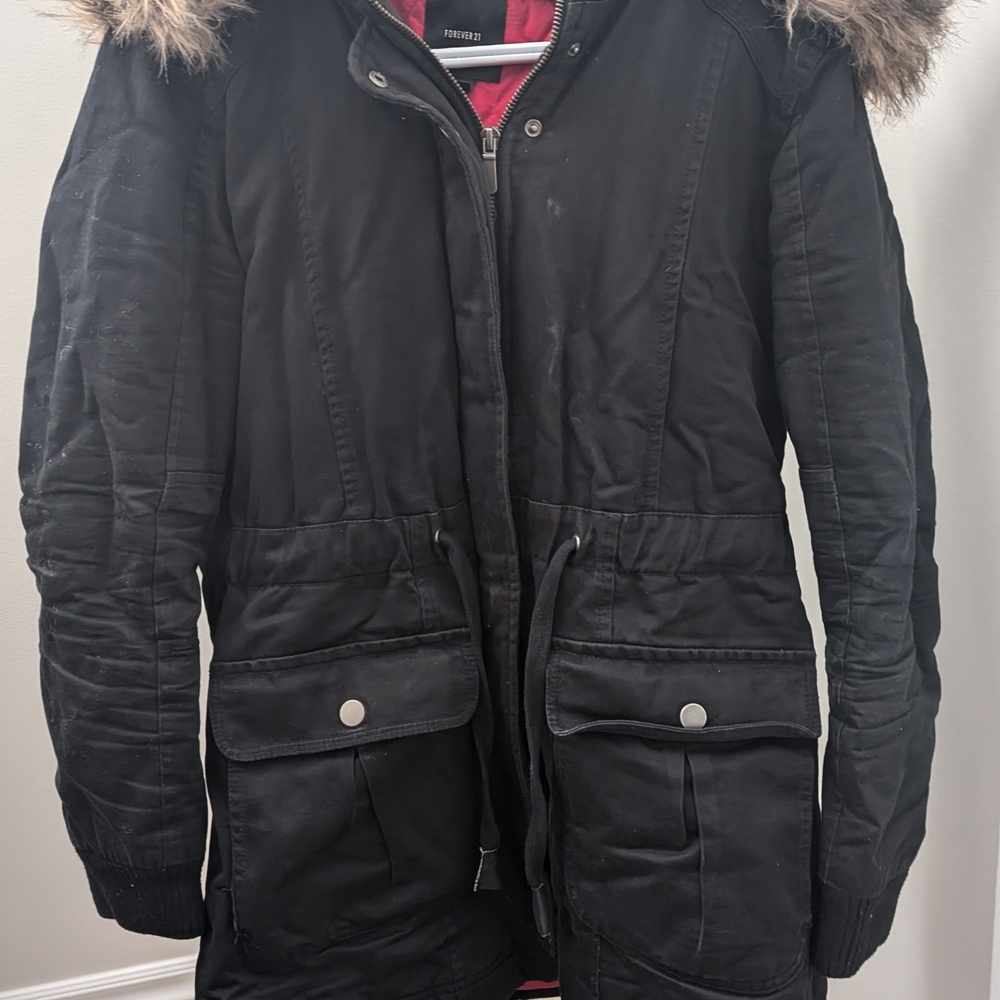 Fur-Trimmed Black Parka Coat